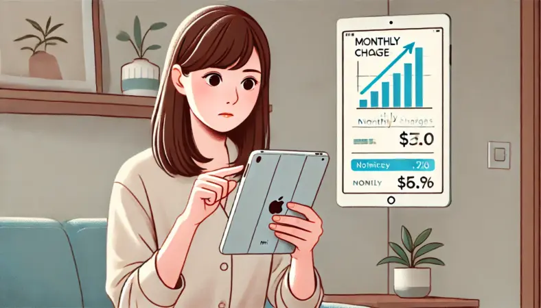 iPad miniを手にして月額コストの高さに困惑する日本人女性のイラスト。リビングの中で小型のiPadと上昇する費用を示すグラフが視覚的に描かれている。