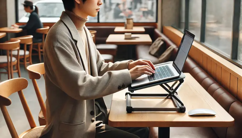 薄型のノートPCスタンドを使ってカフェで快適に作業する日本人ユーザー。軽量なMacBook風ノートを支えるスタンドが、姿勢と携帯性を両立している様子