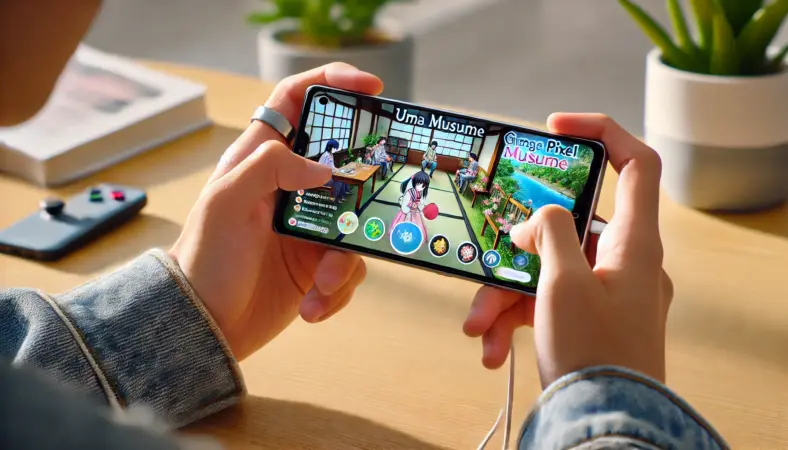 自宅でウマ娘をプレイする日本人ユーザー。Pixel 9 Proを両手で持ち、指サックを使って操作性を高めながら、滑らかに動作するゲームを快適に楽しんでいる。