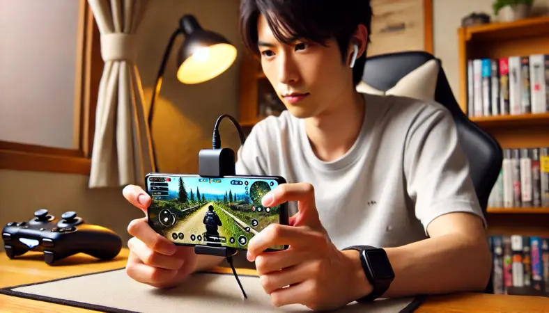 Pixel 9 Pro XLでゲームを快適にプレイする日本人男性。大型画面にコントローラーグリップと冷却装置を装着し、快適な自宅環境でリラックスしながらゲームに集中する様子。