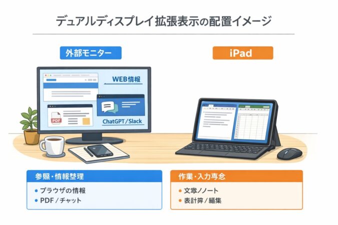 拡張表示の配置イメージ：外部モニターは参照、iPadは入力作業に分担するデスク配置の例
