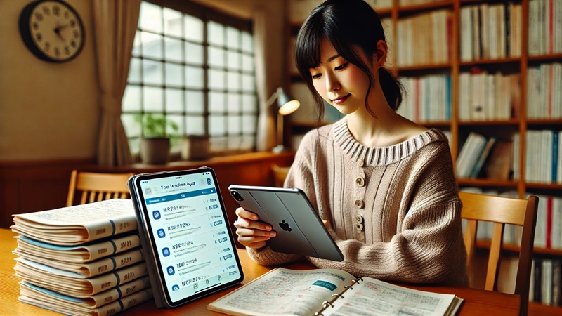iPadでApp Storeを開き、有料ノートアプリの価格やレビューを比較検討している日本人大学生。Apple Pencilを手に慎重な表情。