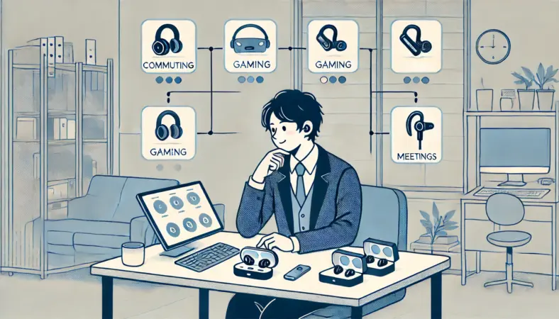 使い方に応じて複数のワイヤレスイヤホンを比較しながら選んでいる日本人の様子を描いたイラスト。通勤やゲーム、会議などの用途アイコンが背景にあり、机の上には価格帯ごとのイヤホンが並ぶ。