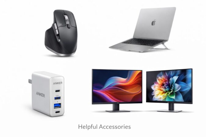 【画像挿入ポイント】周辺機器のイメージ（例：MX MASTER 3Sの横スクロール、Majextandの角度、充電器のサイズ感）