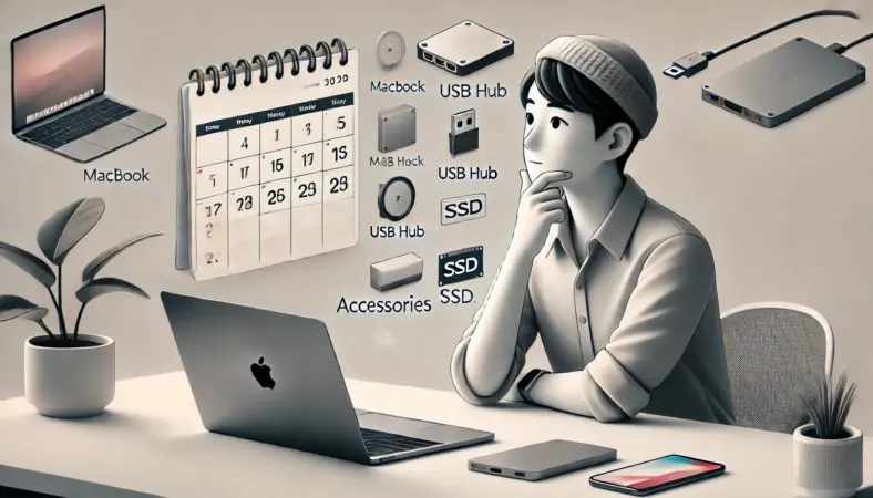 MacBook購入のタイミングを検討する日本人ユーザー。カレンダーとノートパソコンを前に、周辺機器の必要性も考慮しながら静かに熟考している様子