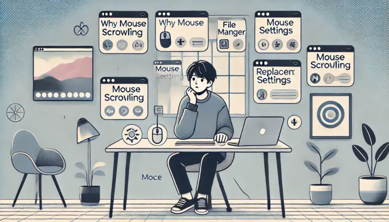 MacBookの前でスクロールの不調に困っている日本人のユーザーが、複数のアプリやマウスの設定を確認しながらトラブルシュートしている様子のイラスト。