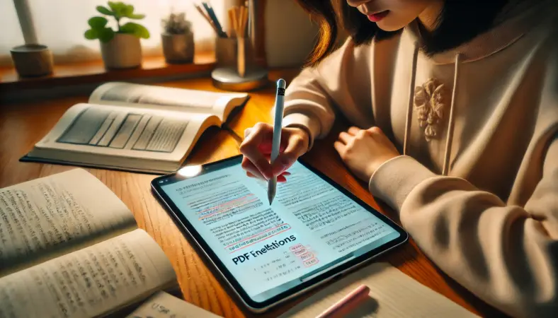 日本人の学生がUSB-CタイプのApple Pencilを使って、iPad A16でノートやPDFに書き込みをしている勉強中のシーン。