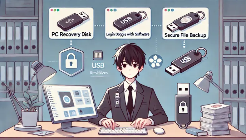 日本人ユーザーが複数のUSBメモリを使用して、回復ディスク、ログイン用ドングル、セキュアなバックアップなど、セキュリティ目的ごとに整理して運用している様子を描いたイラスト。テックなデスク環境が描かれている。