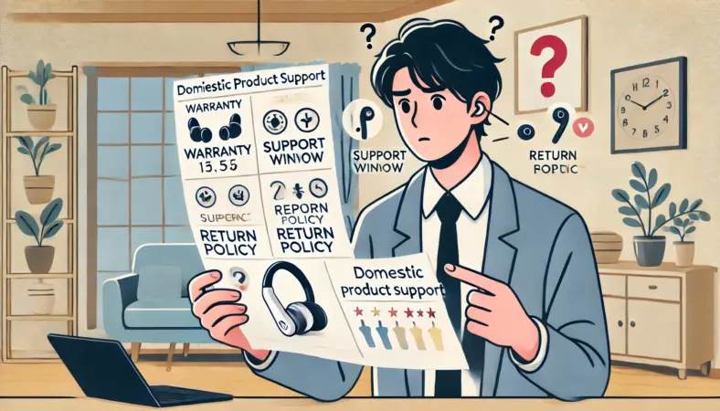 ワイヤレスイヤホンを比較しながら国内サポートの有無を確認している日本人男性のイラスト。保証や返品ポリシーのアイコンが表示され、納得して製品を選ぶ様子が描かれている。
