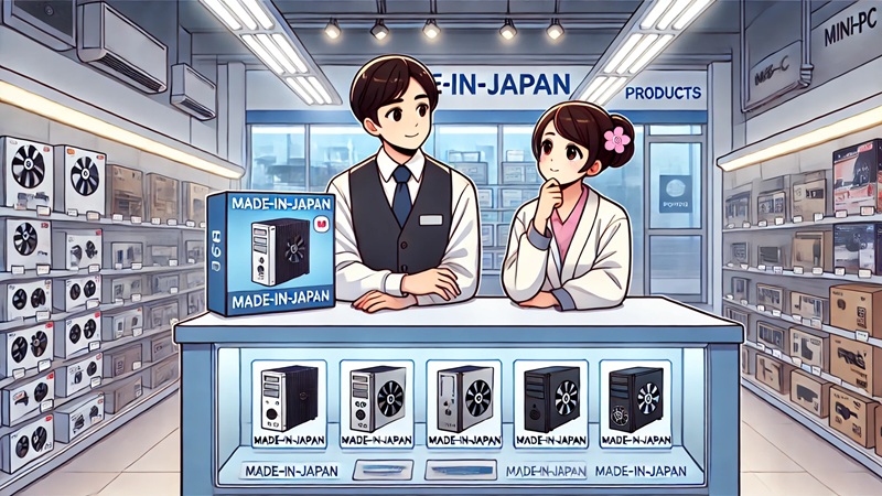 日本製ミニPCの特徴を家電量販店で店員から説明を受ける日本人女性ユーザーのイラスト。国内製品に関する信頼性やサポート体制への安心感を表現したワイド構図の店頭シーン