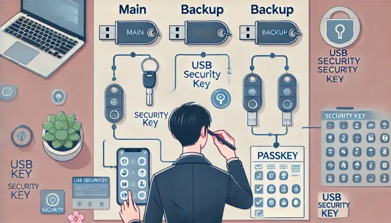 日本人のユーザーがデスクに複数のセキュリティキーとスマートフォンを並べ、メインキー・予備キー・スマホパスキーを活用したセキュリティ戦略を計画している様子のイラスト。セキュリティ設計の流れが視覚的に整理されている。