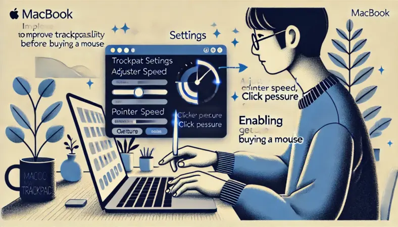 日本人ユーザーがMacBookのトラックパッド設定画面を調整している様子を描いたイラスト。ポインタ速度やクリックの強さ、ジェスチャー機能などを最適化しようとしている家庭的な作業空間
