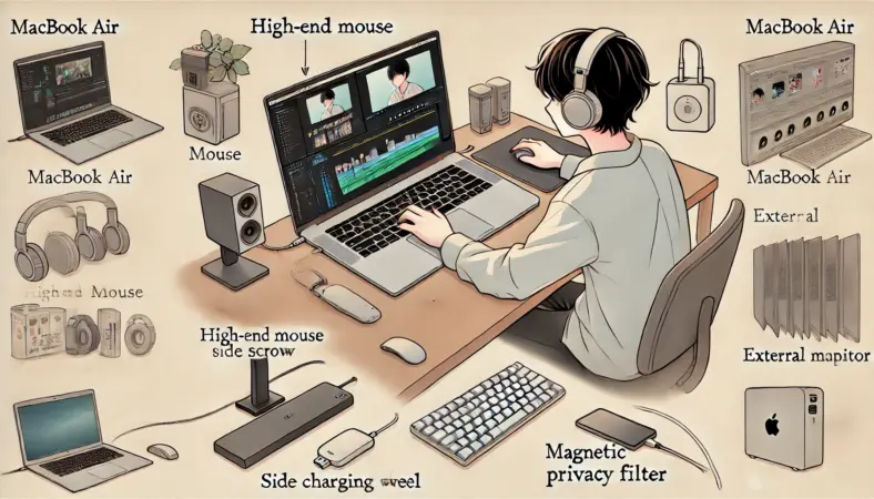 MacBook Airを使って動画編集する日本人ユーザーが、横スクロール対応マウス、薄型PCスタンド、コンパクト充電器、外部モニター、覗き見防止フィルターを活用して、快適な作業環境を整えているアニメ風イラスト。