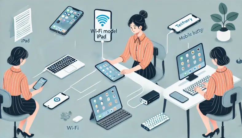 自宅のデスクでWi-FiモデルのiPadにスマートフォンからテザリング接続を行い、モバイルバッテリー・スタンド・キーボードを組み合わせて作業環境を整えている日本人女性のイラスト。周辺機器を活用した実用的な活用例が描かれている。