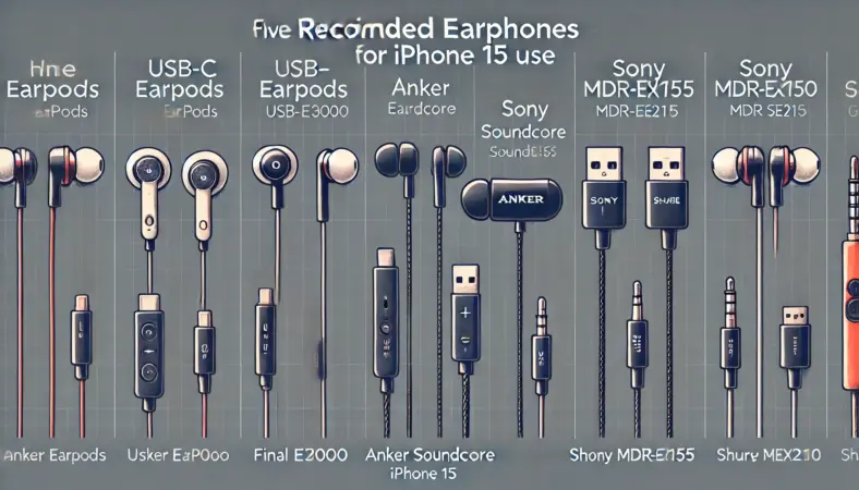iPhone15向けに推奨される5種類の有線イヤホンをデザインや特徴ごとに比較したイラスト