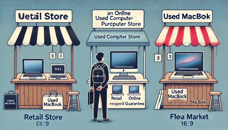 中古MacBookの購入先として、実店舗、中古専門のECサイト、フリマを比較する日本人の様子を描いたイラスト。3つの選択肢を前に慎重に検討している場面。