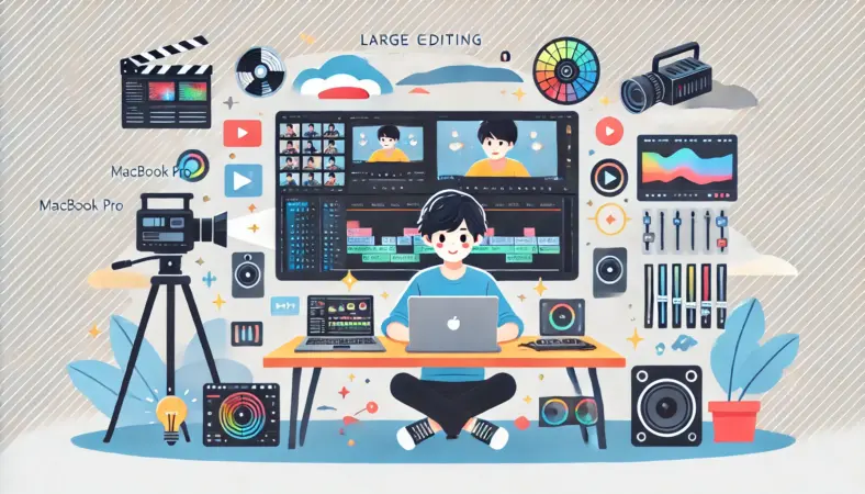 日本人の動画クリエイターがMacBook Pro 16を使ってタイムライン編集やカラーグレーディングを行う作業風景。大画面と高性能で快適な編集環境を再現