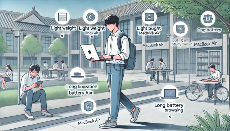 日本人の大学生がMacBook Airを使ってカフェやキャンパスで作業している様子。軽量・静音・長時間バッテリーなどの特長を活かして快適に学習している