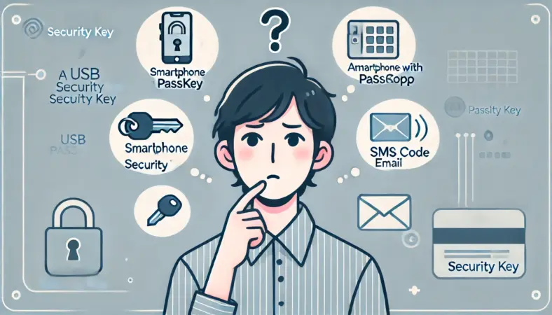 USBセキュリティキーを持っていない日本人が、スマホのパスキーやSMS認証などの代替手段を検討しているイラスト
