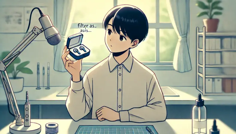 日本人の人物がフィルターのないワイヤレスイヤホンを耳に近づけて検討している場面。落ち着いた室内環境で、使い続けて良いかどうかを慎重に考えている様子が伝わる。