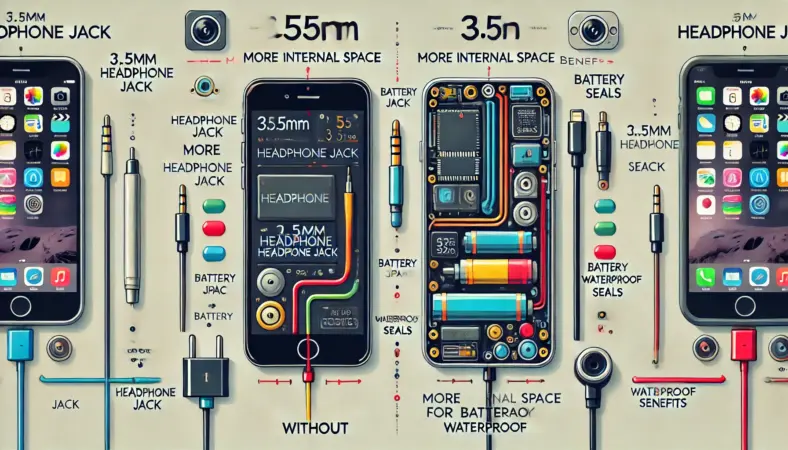 3.5mmジャックありとなしのスマートフォン内部構造を比較したビジュアル。ジャックなしモデルはバッテリーやカメラ、防水構造が拡張されていることが視覚的に分かる構成。