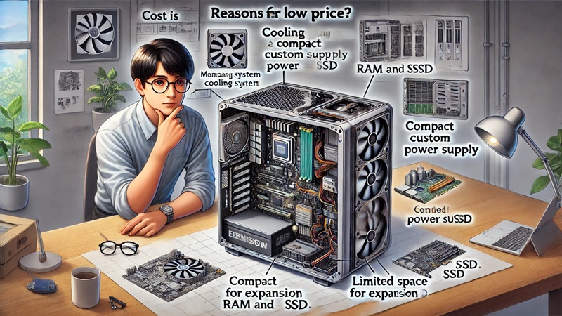 - ミニPCの内部構造を解説する日本人レビュアーのイラスト。コンパクトな筐体内に制限された冷却機構や専用電源、拡張性の低いメモリ・SSDスロットが示されており、低価格の理由が視覚的に理解できる構図