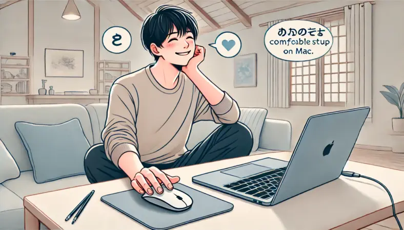 MacBookとマウスを使って快適なスクロール環境を整え、安心した表情で作業する日本人ユーザーのイラスト。落ち着いた空間と柔らかい光が印象的。