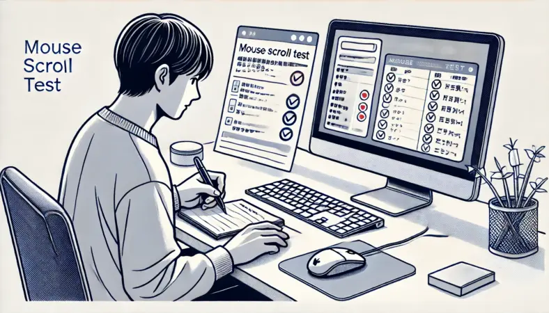 マウスのスクロール挙動を確認しながら、症状のメモを取っている日本人ユーザーを描いたイラスト。デスク上には複数のアプリが開かれている。