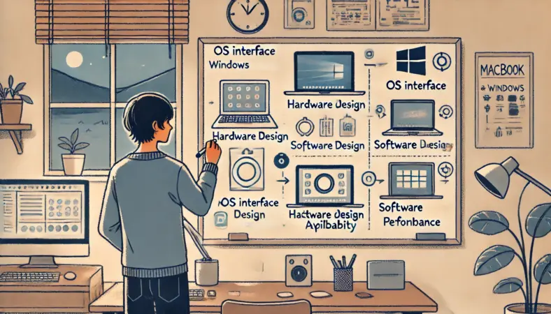 日本人のユーザーがMacとWindowsの違いをホワイトボードやタブレット上に整理している様子。OSのUI、デザイン、ソフトの対応などを項目ごとに可視化しているシーン