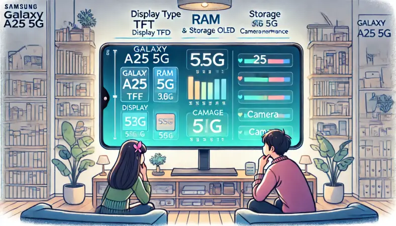 日本人の男女が大型ディスプレイでスマートフォンのディスプレイ種別、RAM、ストレージ、カメラ構成などを比較しているイラスト。Galaxy A25 5Gのコストとスペックのバランスを検討中の場面。