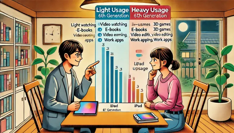 iPad第6世代の使用用途を比較する男女が、テーブル上のグラフを見ながらライト用途と重い作業の違いを確認している様子を描いたイラスト。家庭内での使用継続か買い替えかを検討する場面。