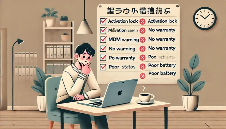 中古MacBook購入時の「避けたい条件リスト」を確認しながら慎重に検討する日本人の様子を描いたイラスト。落ち着いた室内環境でMacBookとコーヒーが置かれたデスクが印象的。