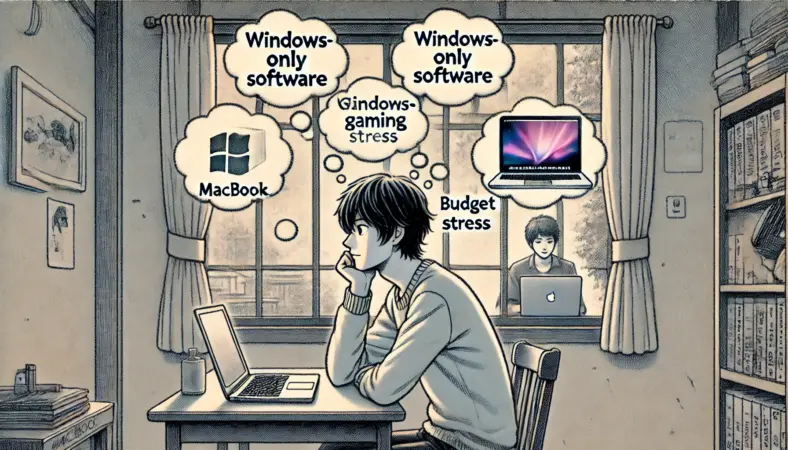 日本人の若者が、MacBookが本当に必要か悩んでいる様子。背景にはWindows専用ソフトやゲーム、予算の悩みを示すイメージが浮かび、MacBookが少しぼやけて描かれている