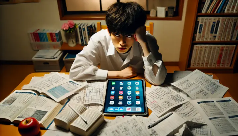 勉強に疲れて机に頭を伏せてしまった日本人高校生。iPadの画面が煩雑で、学習が詰まりやすくなっている状態。