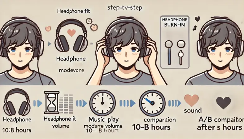 ヘッドホンの装着、音楽の再生、時間経過、比較試聴という4つのステップを視覚的に表現した日本人男性のイラスト。エージング手順をわかりやすく示している