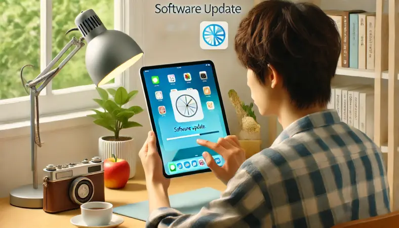 iPadを最新のiPadOSへアップデート中の日本人ユーザー。マルチタスクの不具合改善を期待している様子。
