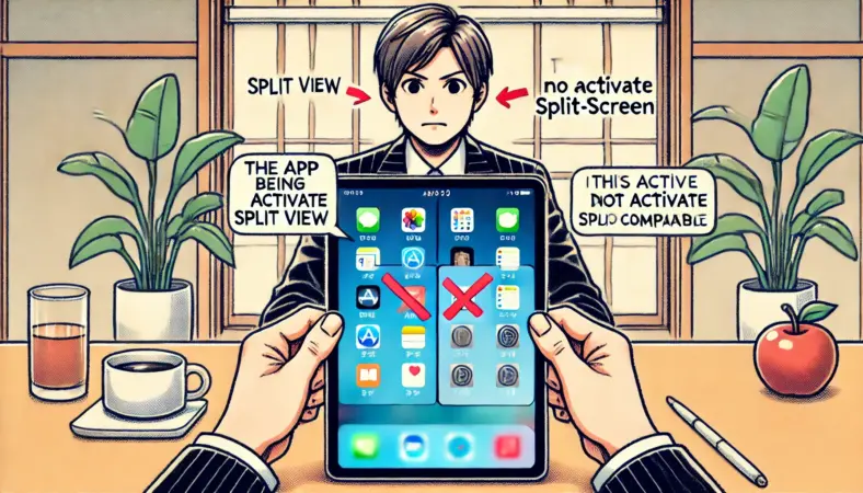 iPadでSplit Viewを試みるも、アプリが非対応で反応しない場面に戸惑う日本人ユーザーの様子