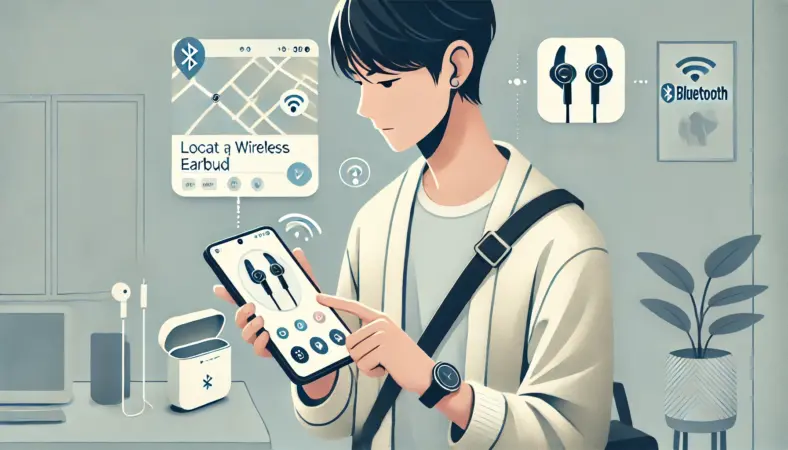 スマートフォンのアプリで地図上の位置を確認しながら、ワイヤレスイヤホンケースを探している日本人の様子を描いたイラスト