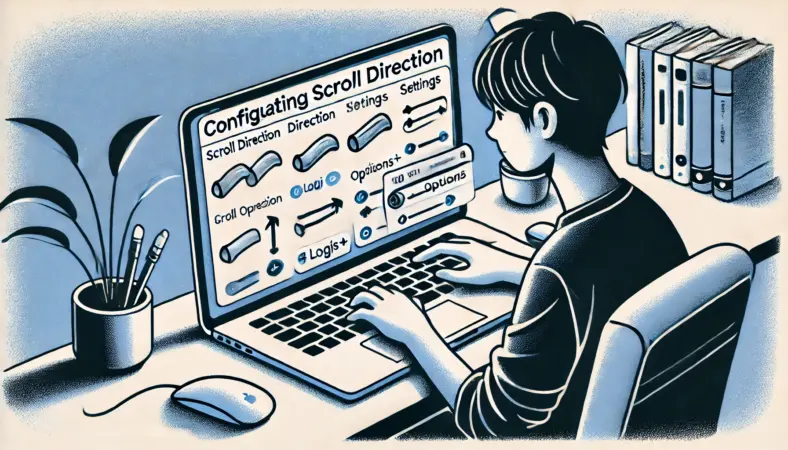 MacBookでスクロール方向を外部アプリから調整している日本人ユーザーが、集中した表情でマウス設定をカスタマイズしているイラスト。整った作業空間が印象的。