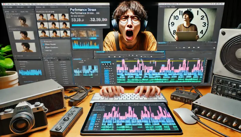 TikTok向けの短尺動画を手早く編集する日本人と、長尺のYouTube動画を丁寧に編集する別の日本人を対比したシーン。アプリUIや作業スタイルの違いが際立つiPad編集の様子。