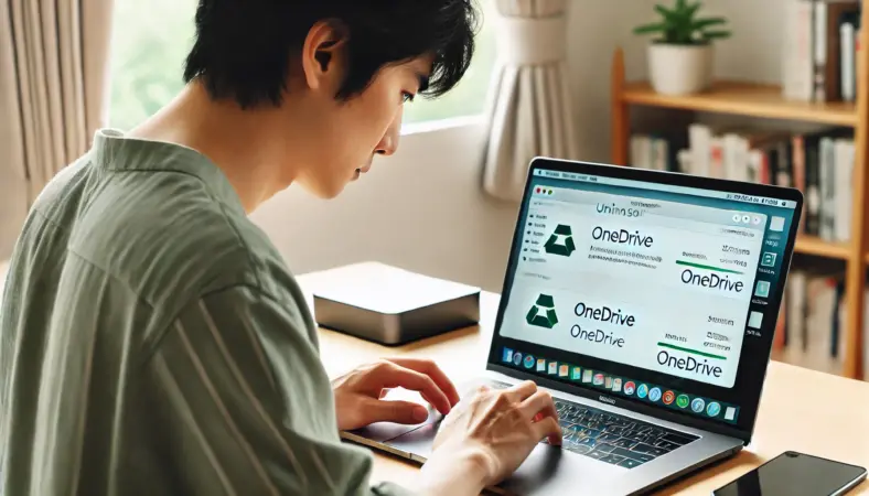 MacBookのOneDriveをアンインストールする前に、外付けSSDへ大事なデータをバックアップしながら同期状況を確認している日本人男性。整理されたデスクで慎重に作業している様子。