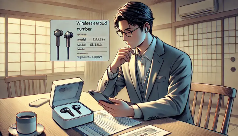 日本人男性がテーブルに置いたワイヤレスイヤホンとその箱を見ながら、スマートフォンでAnker製品のサポートページを確認し、正確な型番をチェックしている様子を描いたイラスト。
