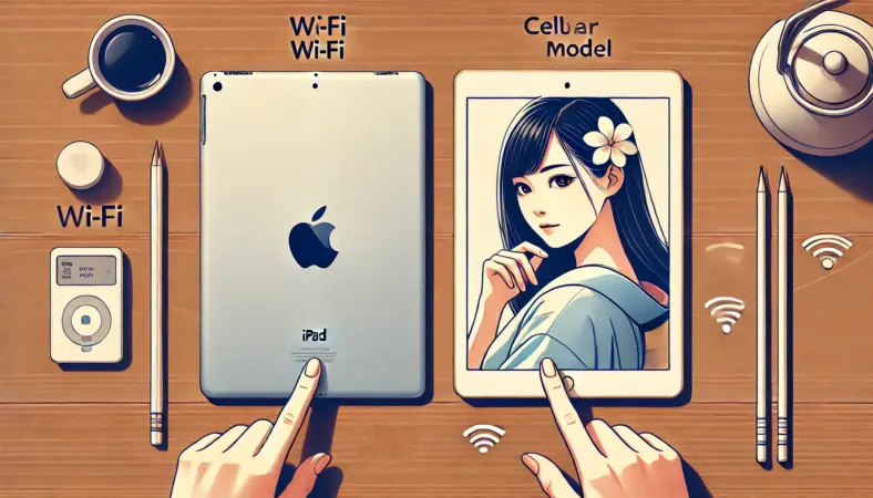 木製テーブルの上に並べられたWi-FiモデルとセルラーモデルのiPadを比較するイラスト。日本人女性の手がセルラーモデルのアンテナラインを指差しており、外観の違いが強調されている。