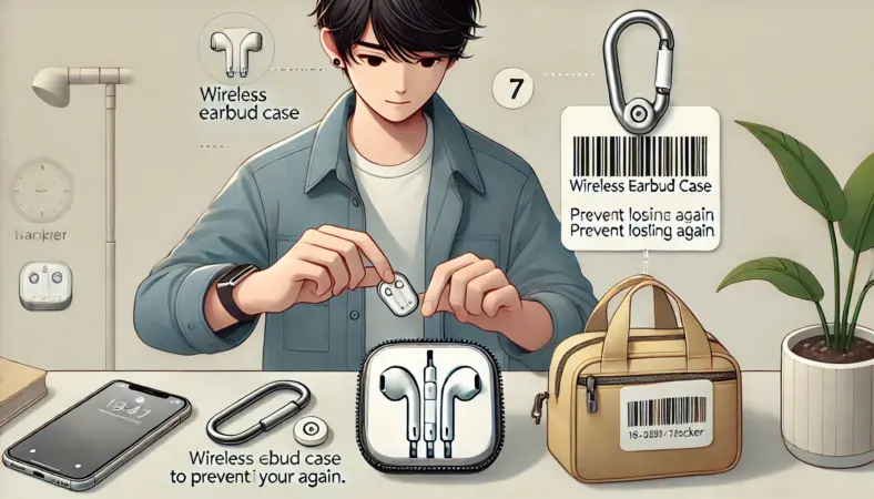 Androidスマートフォンの設定や地図アプリを使って、ワイヤレスイヤホンケースの位置を確認しようとしている日本人の様子を描いたイラスト