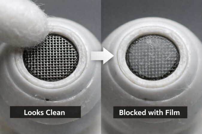 イヤホンのメッシュ目詰まり例（見た目はきれいでも薄い膜があるイメージ）