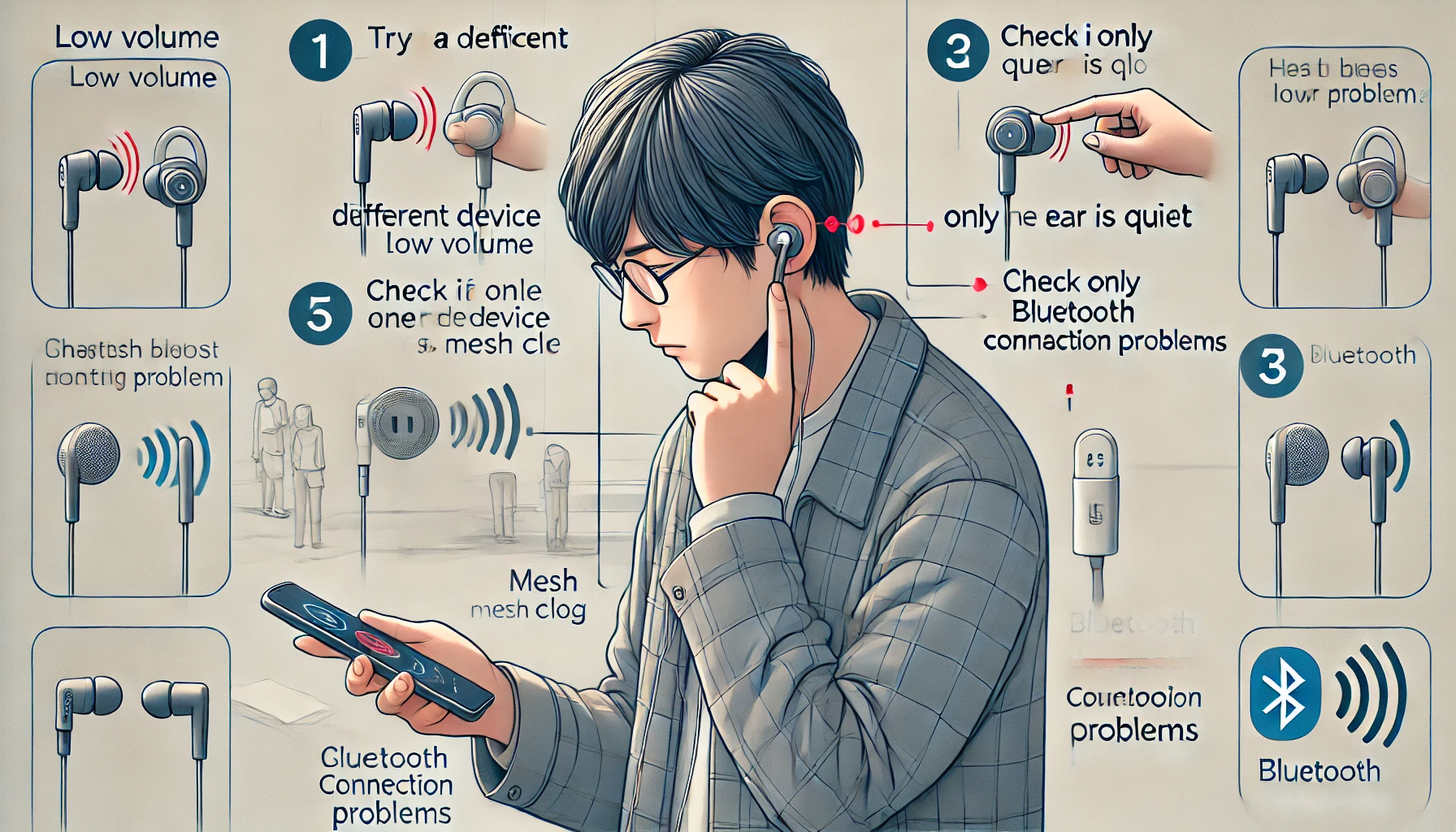 日本人の若者がイヤホンを装着しながらスマートフォンを操作し、音量が小さいことに困惑している様子を描いたイラスト。別の端末使用、片耳の確認、Bluetooth接続の問題を視覚的に示したシーンで、現代的な室内環境が背景に描かれている。