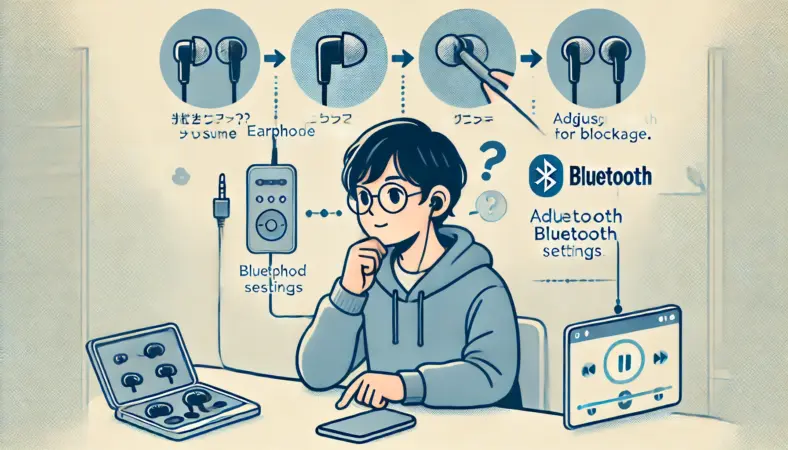 日本人の人物がイヤホンの音量が小さい原因を思案し、別の端末で試す、片耳イヤホンを点検する、Bluetooth設定を確認する3つのシーンを周囲に描いたイラスト。整理された室内のデスク環境で、問題の切り分けを可視化している。