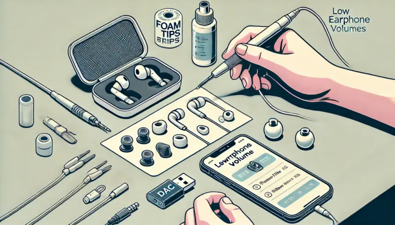 イヤホンの音量が小さい問題を解決するためのツールとアクセサリを紹介するイラスト。日本人の人物がイヤホンの出口をクリーニングペンで掃除しており、横にはフォームタイプのイヤーピースやUSB DACが並べられている。清潔なデスクの上に整理されている様子が描かれている。