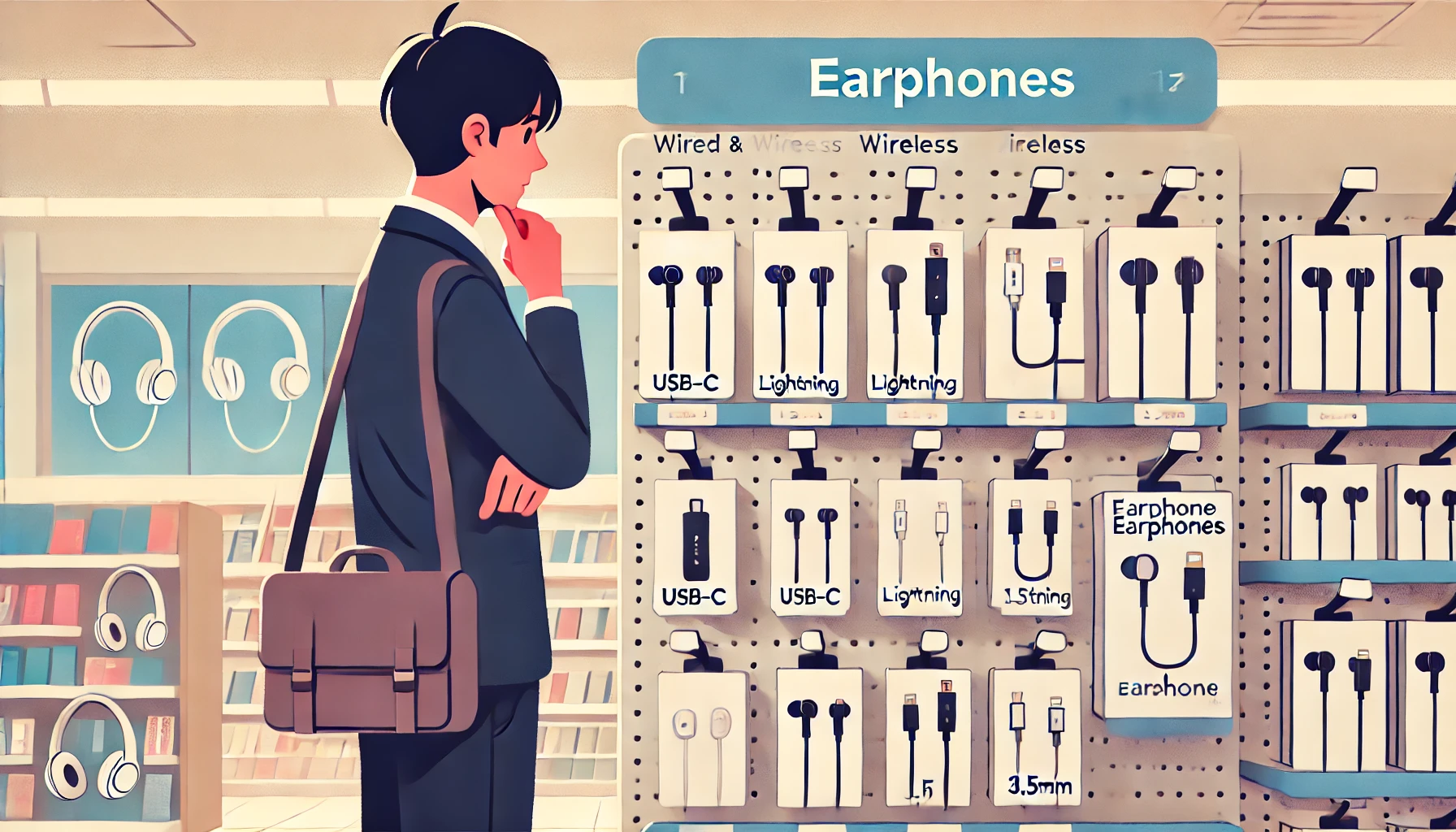 コンビニのイヤホン売り場で、有線イヤホンとワイヤレスイヤホンを比較検討している日本人のイラスト。USB-CやLightning、3.5mm端子などを見比べながら購入を検討している様子。