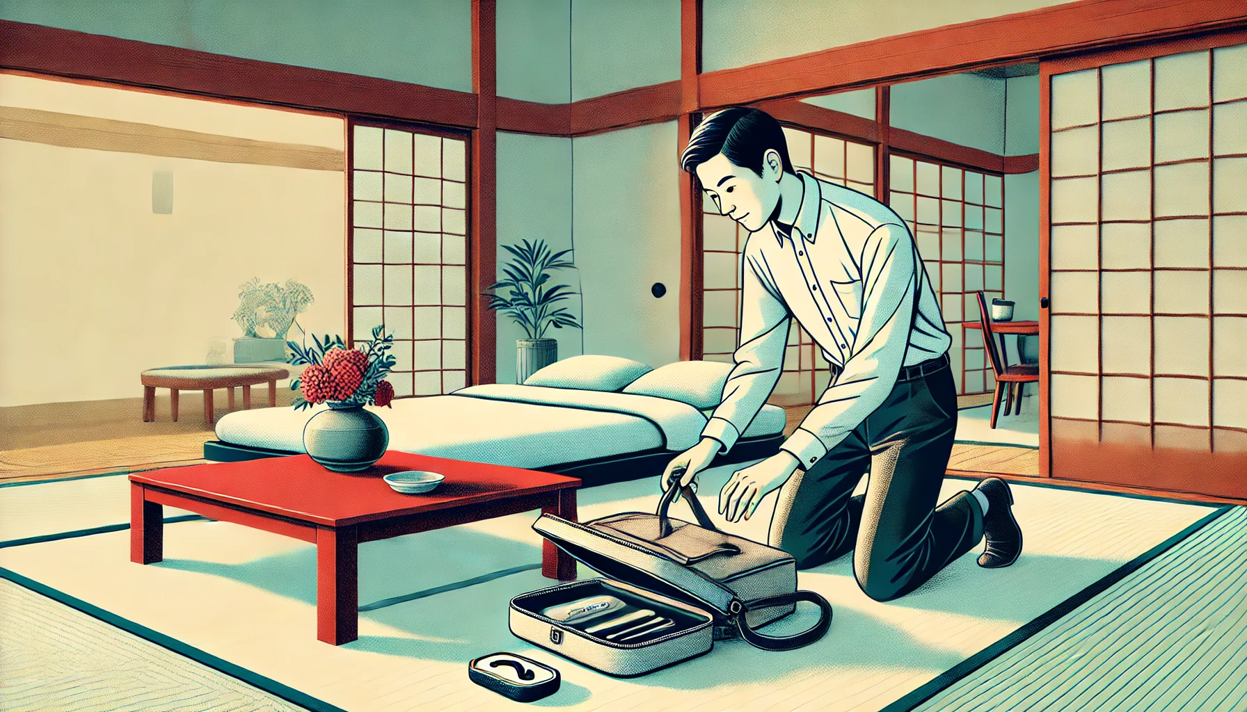 日本人男性が自宅のリビングでワイヤレスイヤホンケースを探しており、ソファの下を覗き込み、バッグの中身を畳の上に広げて丁寧に捜索している様子を描いたイラスト。